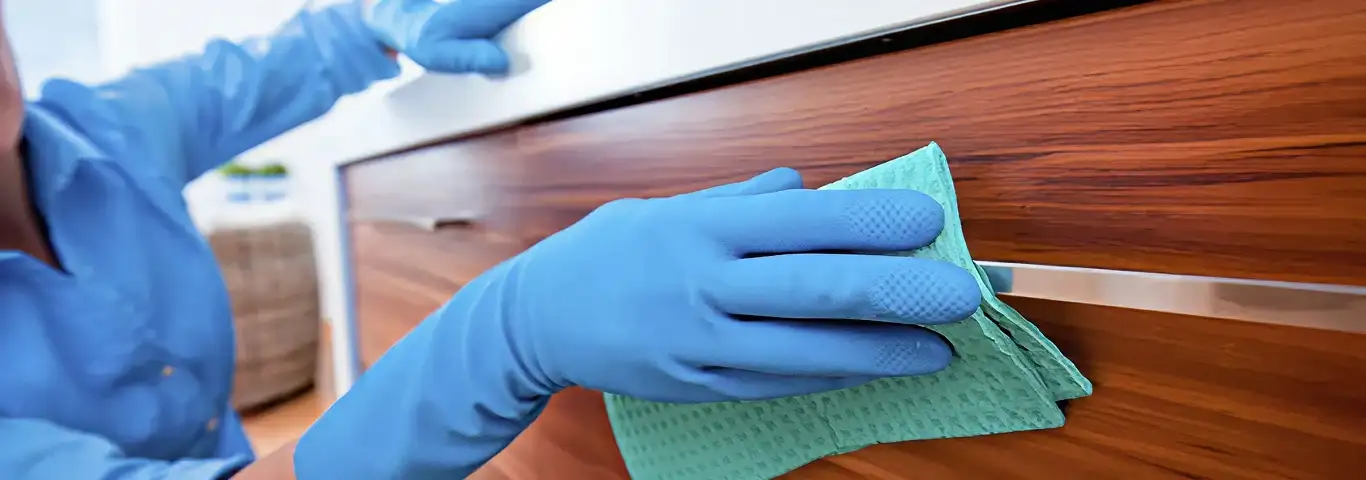 Cleaner wearing blue gloves wiping a wooden cabinet drawer with a microfiber cloth for dust and grime removal, Irvine, CA.