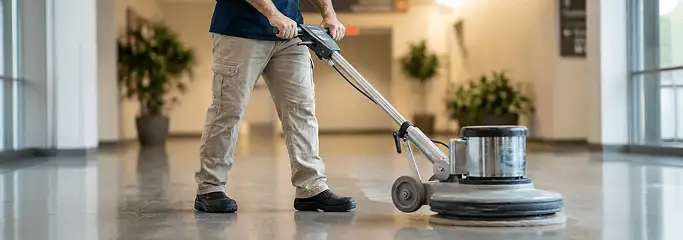 Professional technician using an industrial floor buffer to polish and maintain shiny commercial flooring in a corporate hallway in Irvine, CA.