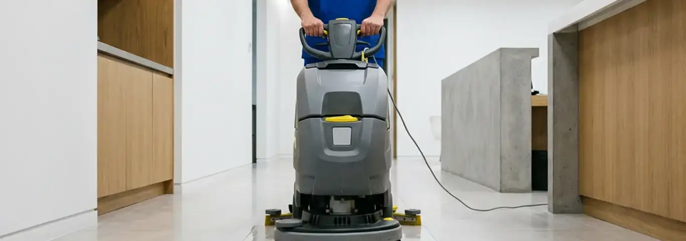 Janitorial staff using a floor scrubber machine to clean a commercial hallway, Irvine, CA.