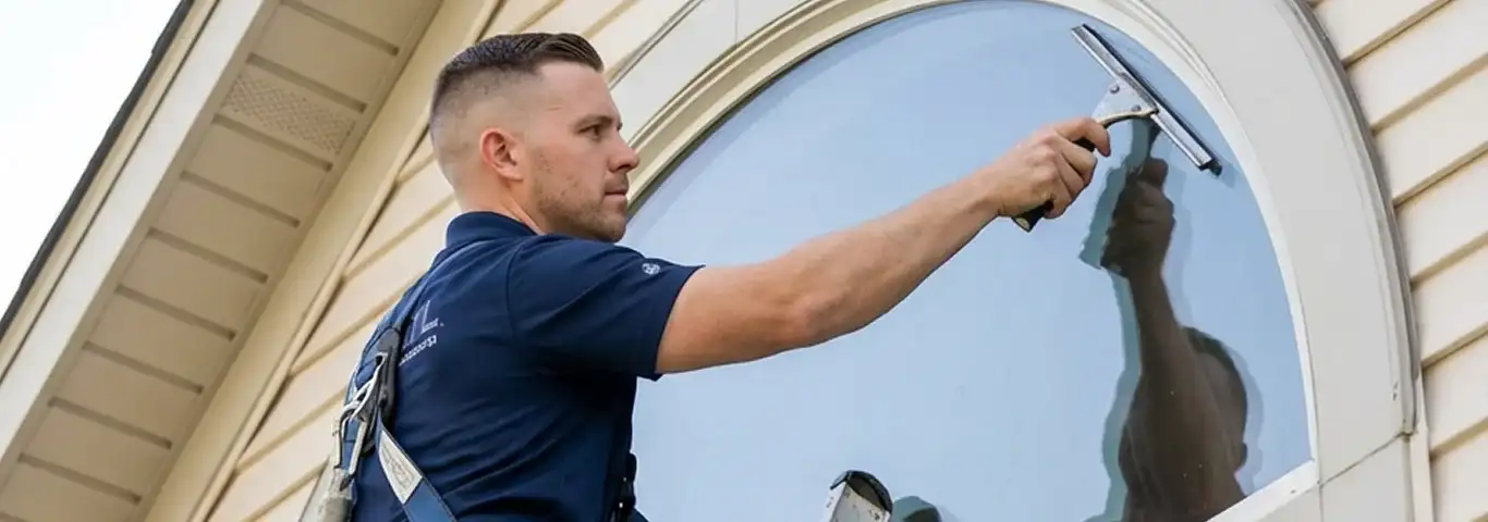 Professional window cleaner using a squeegee to clean an exterior arched window on a home, Irvine, CA.