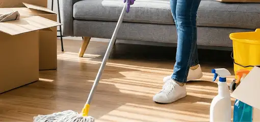Move-out cleaning setup with a cleaner mopping hardwood floors near moving boxes and cleaning supplies, Irvine, CA.