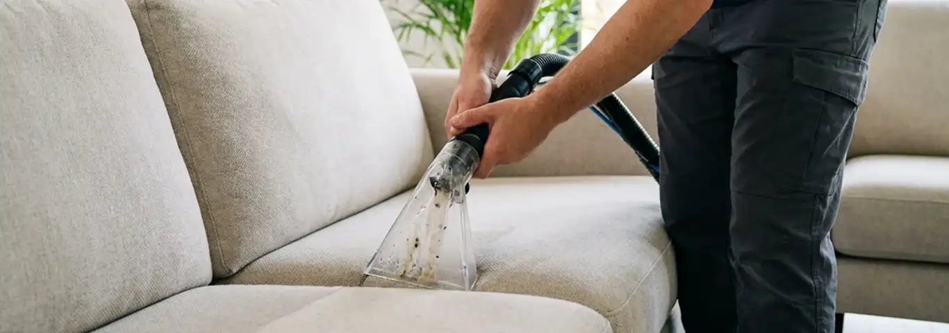 Technician extracting dirt and moisture from a fabric sofa with an upholstery cleaning wand, Irvine, CA.