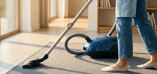 Person vacuuming a living room rug with a canister vacuum cleaner near large windows, Irvine, CA.